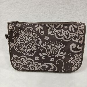 Thirty-One Brown Woodblock Floral Cosmetic Bag Nylon Zipper 8" x 5.5"x 2.5" EUC.